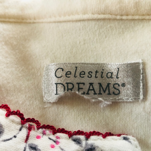 Medium Pullover Nightgown CELESTIAL DREAMS Gray Leaves Red Birds Long Sleeves - Picture 2 of 7